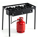 The DirectDeals 3 Burner Propane Stove 240000 BTU Outdoor Camping Grill features control knobs, durable black metal construction, and a red propane tank—ideal for your outdoor cooking needs.