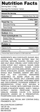 Nutrition facts label for the Millican Pecan Combination 3-Chocolate Caramillicans Gift Box, listing calories, fat, cholesterol, sodium, carbohydrates, sugars, protein, vitamins, and ingredients. Includes a warning that it may contain shell fragments. Manufactured by Millican Pecan—ideal for fans of turtle-style candy or anyone selecting a caramel pecan gift box.