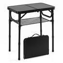 The DirectDeals 3-Height Folding Camping Table with Large Storage Net & Handle, shown in black with matching carrying case, features adjustable legs and mesh shelf on a plain white background.
