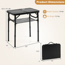 The DirectDeals 3-Height Folding Camping Table with Large Storage Net & Handle adjusts to 10.5, 19, or 28 in., measures 25″x16″, weighs 5.5 lbs, holds up to 110 lbs, and comes with a carrying case (16″x13.5″x3″).