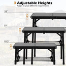 The DirectDeals 3-Height Folding Camping Table with Large Storage Net & Handle is shown at heights of 28″, 19″, and 10.5″ in a camping scene, showcasing its outdoor versatility.