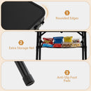 A guide to DirectDeals’ 3-Height Folding Camping Table with Large Storage Net & Handle, featuring rounded edges, an extra storage net for snacks, and anti-slip foot pads—each detail labeled and described.