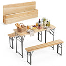 The DirectDeals 3-Piece Folding Picnic Table with Benches Fir Wood Portable Bear Camping SET is arranged with food, wine, and flowers, with the folded set and benches displayed in the background.