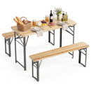 The DirectDeals 3-Piece Folding Picnic Table with Benches Fir Wood Portable Bear Camping SET is perfect for two, with plates, glasses, and a basket of food—ideal for stylish outdoor dining anywhere.