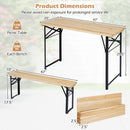 The DirectDeals 3-Piece Folding Picnic Table with Benches Fir Wood Portable Bear Camping SET seats 330 lbs per bench, holds 110 lbs on the table, and folds for easy storage. Black metal legs; 47″ long.