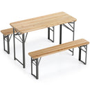 The DirectDeals 3-Piece Folding Picnic Table with Benches Fir Wood Portable Bear Camping SET features light wood tops and black metal legs, displayed on a white background.