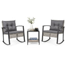 The DirectDeals 3-Piece Outdoor Rocking Chair Set with Coffee Table - Gray features two cushioned rocking chairs and a table, perfect for relaxing with a book or drink in any patio or outdoor space.