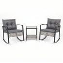 The DirectDeals 3-Piece Outdoor Rocking Chair Set with Coffee Table - Gray features two gray cushioned rockers and a matching glass-top table for stylish patio seating against a white background.
