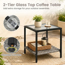 The DirectDeals 3-Piece Outdoor Rocking Chair Set with Coffee Table - Gray features a stylish glass top table, perfect for displaying decor and drinks, completing your patio seating area.