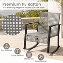 The DirectDeals 3-Piece Outdoor Rocking Chair Set with Coffee Table - Gray features handwoven PE rattan, black metal arms and base, plus sun and crack resistance for easy-to-clean patio comfort.