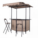The DirectDeals 3-Piece Patio Bar Set Outdoor Grill Gazebo and 2 Folding Bar Stools features a beige canopy, metal frame, mesh-paneled bar counter, and folding stools. Displayed on a plain white background.