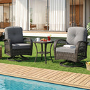 The DirectDeals 3-Piece Patio Swivel Rocker Set with Glass Side Table offers cozy outdoor seating beside a pool, featuring cushioned chairs and a table perfect for holding coffee, snacks, and drinks.