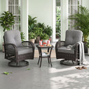 The DirectDeals 3-Piece Patio Swivel Rocker Set with Glass Side Table offers cozy outdoor seating for drinks and snacks, surrounded by greenery on a covered porch with glass doors.