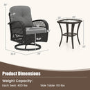 The DirectDeals 3-Piece Patio Swivel Rocker Set with Glass Side Table features a wicker chair with gray cushions, a round base, and a square side table. Dimensions and weight limits are displayed on a beige background.