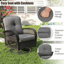 The DirectDeals 3-Piece Patio Swivel Rocker Set with Glass Side Table features gray cushions with elastic sponge filling, zippered covers, and tufted backs—ideal for outdoor seating in a sunlit garden.