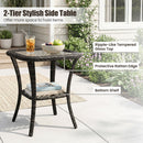 The 3-Piece Patio Swivel Rocker Set with Glass Side Table by DirectDeals features cushioned swivel chairs and a rippled glass-top table with a protective rattan edge, perfect for your patio setup.