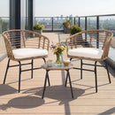 The DirectDeals 3-Piece Patio Conversation Set with Cushions creates a cozy outdoor seating area, featuring two chairs and a glass table on a modern balcony with city views and potted plants.