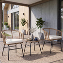 The DirectDeals 3-Piece Patio Conversation Set with Cushions creates an inviting outdoor seating area with a small table, perfect for relaxing outside a modern home with potted plants and large windows.