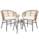 The DirectDeals 3-Piece Patio Conversation Set with Cushions features two wicker chairs with white cushions and black legs beside a small round table, perfect for cozy indoor or outdoor seating.