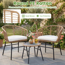 The DirectDeals 3-Piece Patio Conversation Set with Cushions includes two hand-woven rattan chairs, white cushions, and a glass-top table. Sun-protective but best kept from rain for lasting durability.