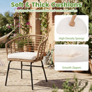 DirectDeals 3-Piece Patio Conversation Set with Cushions on a stone patio; features soft, thick cushions and removable, washable zipped covers for easy outdoor seating comfort. Inset: cushion close-ups and hand pressing test.