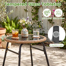 The 3-Piece Patio Conversation Set with Cushions by DirectDeals features a small round table with a tempered glass top, easy to clean and built to last, perfect for holding drinks and flowers; includes 4 suction cups.