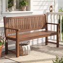The 3-Seater Wooden Garden Bench with Backrest, 59 Inch by DirectDeals sits on the porch with a basket, potted plant, and lantern, sunlight brightening the cozy scene as a bird figurine rests on the windowsill.