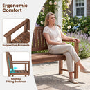 A woman relaxes on the 3-Seater Wooden Garden Bench with Backrest, 59 Inch by DirectDeals. Insets showcase ergonomic armrests and a 98° tilted backrest for outdoor comfort.