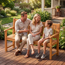 A man, woman, and young boy smile and chat on the DirectDeals 3-Seater Wooden Garden Bench with Backrest, 59 Inch—ideal outdoor seating for any family amid sunny greenery.
