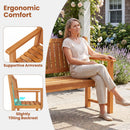 A woman relaxes on the DirectDeals 3-Seater Wooden Garden Bench with Backrest, 59 Inch. Insets highlight supportive armrests and a 98° tilting backrest. Text: Ergonomic Comfort for outdoor seating.