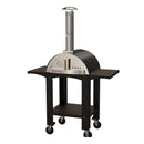Introducing the WPPO Karma 25 Colored Wood-Fired Oven With Stand/Cart by WPPO LLC Direct—a stainless steel oven designed for outdoor cooking, featuring a chimney, thermometer, and two black side shelves. This sleek oven is mounted on a stylish black wheeled cart with lower storage and is compatible with the Karma 25 Outdoor Oven Base.