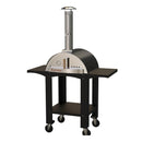 The WPPO LLC Direct Karma 25 Colored Wood-Fired Oven sits atop a durable black wheeled cart with two side shelves, a chimney, and a temperature gauge. The name "Karma" is displayed on the front of the stainless steel outdoor oven.