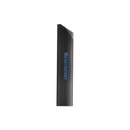 A close-up side view of the Messermeister Parer Edge-Guard - 4" in black, featuring the blue Messermeister logo, paired with a knife blade cover, against a plain white background.