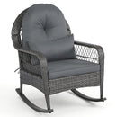 DirectDeals Patio Rattan Rocking Chair with Cushions - 400 LBS Capacity features a gray wicker frame, dark gray seat, back, and lumbar cushions, arched back, woven arms, and metal curved rockers.