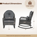 DirectDeals Patio Rattan Rocking Chair with Cushions - 400 LBS Capacity, shown in front and side views. Dimensions: 25″W x 20″ seat depth x 14″ seat height x 29″D x 34″H.