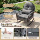 DirectDeals Patio Rattan Rocking Chair with Cushions - 400 LBS Capacity on a patio, showing labeled supportive back cushion, lumbar pillow, deep seat cushion, and close-ups. Text highlights ergonomic triple support.