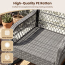 Close-up of the Patio Rattan Rocking Chair with Cushions - 400 LBS Capacity by DirectDeals outdoors, featuring its hand-woven, sun-proof, and breathable qualities. Icons highlight these key features.