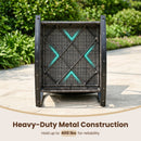 A Patio Rattan Rocking Chair with Cushions - 400 LBS Capacity by DirectDeals shown in side view, featuring sturdy metal frame and support bars. Text: Heavy-Duty Metal Construction. Holds up to 400 lbs. Plush greenery in background.