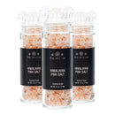 A 3-pack of The Spice Lab Himalayan Pink Salt Coarse Grain with Grinder, each filled with coarse Himalayan pink salt and featuring a transparent body, clear grinder lid, and a black label with white text.