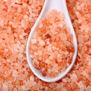 A white spoon filled with The Spice Lab Himalayan Pink Salt Coarse Grain, ideal for use in the included grinder from The Spice Lab’s 3-Pack, rests on a surface scattered with more of these signature pink salt crystals.