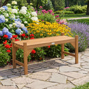 Two DirectDeals 40-Inch Outdoor Benches with Contoured Seat sit on a stone path beside blooming hydrangeas, black-eyed Susans, red flowers, and lavender under a sunny sky.