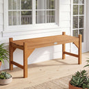 The 40-Inch Outdoor Bench with Contoured Seat - Set of 2 by DirectDeals sits on a light-colored porch beside green potted plants, against white siding with a large window in the background.