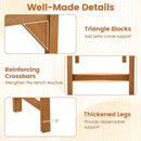 Infographic for DirectDeals 40-Inch Outdoor Bench with Contoured Seat - Set of 2 shows triangle corner blocks, reinforcing crossbars, and 1.8-inch thick legs with text and close-ups for each feature.