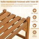 Close-up of DirectDeals 40-Inch Outdoor Bench with Contoured Seat - Set of 2, featuring slatted design, teak oil finish, and icons for weather resistance, beauty, strength, longevity, easy care. Upkeep tips shown above.