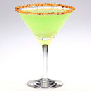A green cocktail in a martini glass with a rim of The Spice Lab Chili Lime Margarita Salt Cocktail Rimmer by The Spice Lab, set against a plain white background.