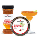 The Spice Lab Chili Lime Margarita Salt Cocktail Rimmer containers from The Spice Lab are pictured next to a margarita glass rimmed with chili-lime salt and garnished with a lime wedge—a premium cocktail rimmer that adds zesty flavor to your favorite drinks.