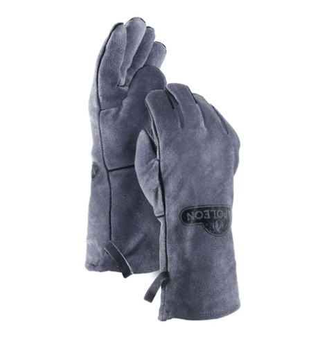 A pair of heavy-duty, gray protective work gloves made of thick material, with reinforced palms and a logo patch on the back. The gloves are standing upright, with one glove facing palm up and the other palm down.