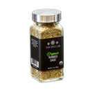 A glass jar of The Spice Lab Organic Rubbed Sage features a metal lid and a black label with green and white text. Filled with dried organic sage leaves, this product from The Spice Lab is perfect for anyone looking for classic poultry seasoning or the ideal sage for stuffing recipes.