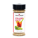 A 7 oz (198 g) jar of The Spice Lab Creative Mixology Celery Salt, topped with a black lid. The label showcases an image of a Bloody Mary cocktail garnished with celery and lime, accompanied by celery stalks—making it the ideal cocktail rim seasoning from The Spice Lab for your next brunch gathering.