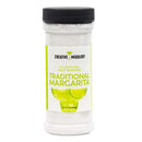A clear plastic container of The Spice Lab Traditional Margarita Salt Cocktail Rimmer, featuring a black lid and a green margarita glass graphic on the label.